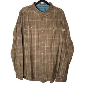 Prana Brown Blue Plaid Western Style Shirt Mens XL Chest Pockets Cotton Blend